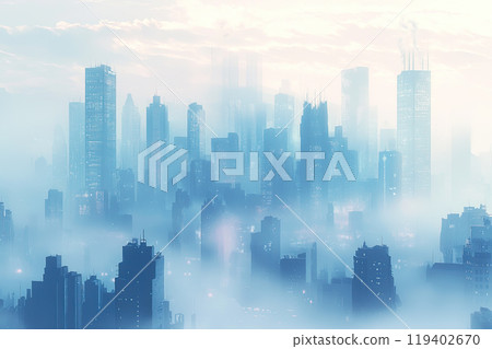 Aerial view of fog between skyscrapers in a big city 119402670