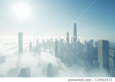 Aerial view of fog between skyscrapers in a big... - Stock Illustration ...