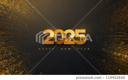 Happy New 2025 Year. Vector holiday illustration. Golden 2025 numbers on black background textured with shimmering glitters. Festive event banner with bursting light rays. Modern cover design 119402688