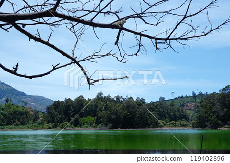 Serene Dieng landscape with a lake, mountains, and a tree branch against a blue sky. Serene Dieng landscape with a lake, mountains, and a tree branch against a blue sky. 119402896