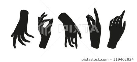 set of hands in a boho style, characterized by intricate patterns and a free-spirited design. 119402924