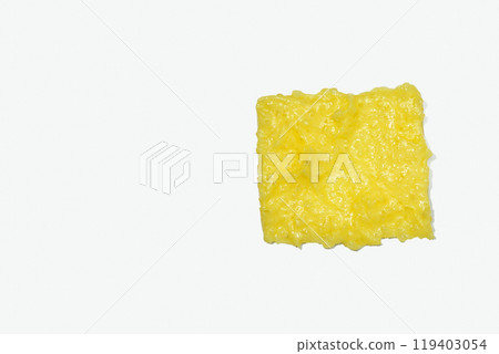 Smears of body scrub on white background. Fruit and berry body scrub texture of the swatch. Cosmetic smear Smears of body scrub on white background. Fruit and berry body scrub texture of the swatch. Cosmetic smear 119403054