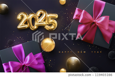 Black gift boxes with pink bow and golden glitters 119403166