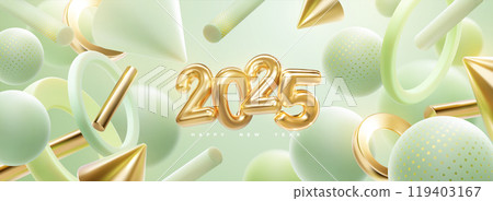 Happy New 2025 Year. Holiday vector illustration golden numbers 2025 and abstract geometric 3d shapes. 119403167