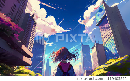 Image of a woman looking at the city, back view, blue sky and city background 119403211