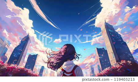 Image of a woman looking at the city, back view, blue sky and city background 119403213