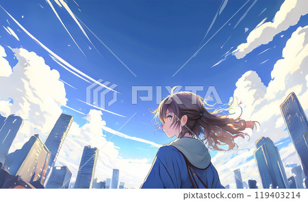 Image of a woman looking at the city, profile, blue sky and city background 119403214