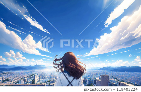 Image of a woman looking at the city, back view, blue sky and city background 119403224