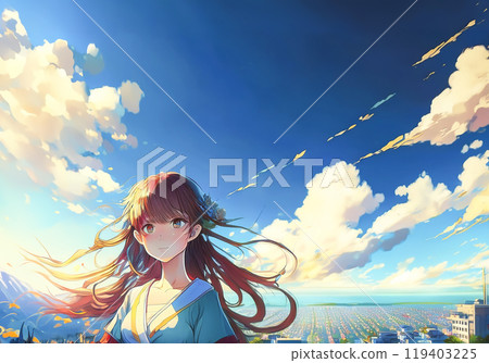 Image of a smiling woman with blue sky and city background Image of a smiling woman with blue sky and city background 119403225