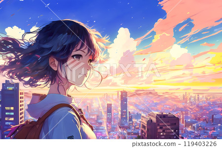 一個女人看城市、側面、夕陽和城市背景的圖片素材 119403226