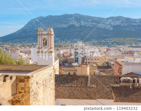 city details, clay roofs of old houses, observation deck from the fortress of Denia, Costa Blanca, Historische Altstadt. Alicante province Spain 119403232