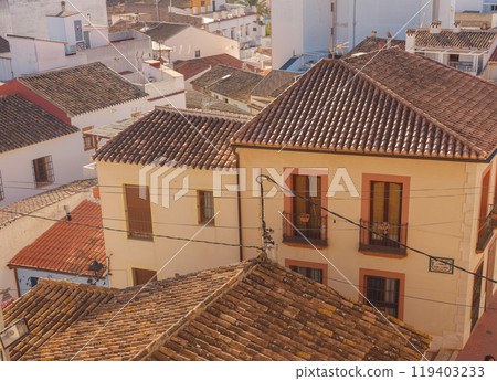 city details, clay roofs of old houses, observation deck from the fortress of Denia, Costa Blanca, Historische Altstadt. Alicante province Spain 119403233