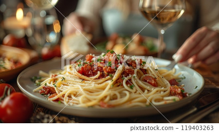 Autumn or fall season. family enjoying spaghetti with white wine on the table, in elegant dining room, close-up shot of food and people's hands reaching for pasta with glasses of red or white wine. 119403263
