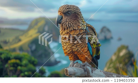 New Zealand Kea sits on a branch against the backdrop of New Zealand landscapes. Realistic photo. New Zealand Kea sits on a branch against the backdrop of New Zealand landscapes. Realistic photo. 119403350