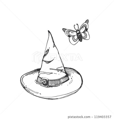 Witch hat and night butterfly for Halloween, hand drawn in black ink and transferred to vector. Vector illustration for Halloween. Suitable for printing on fabric, cards, invitations for Halloween. Witch hat and night butterfly for Halloween, hand drawn in black ink and transferred to vector. Vector illustration for Halloween. Suitable for printing on fabric, cards, invitations for Halloween. 119403357