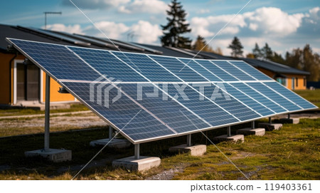 solar panels in field at photovoltaic power station, depicting green energy. featuring technology of renewable energy generation in natural setting. 119403361