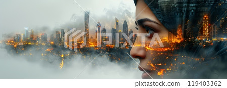 double exposure photography. arabic face in abaya shaped by buildings from Dubai, creative, 119403362