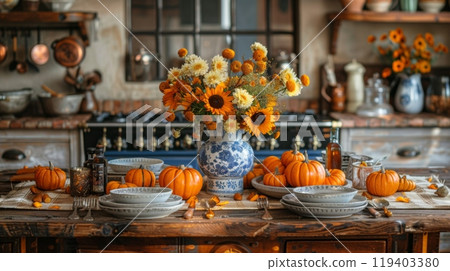 Autumn or fall season. Autumnal kitchen decor, interior design and house decoration, classic English kitchen decorated for autumn season in a country house, elegant cottage style 119403380