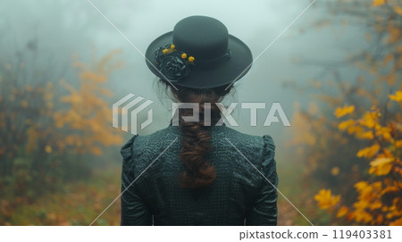 Autumn or fall season. Victorian Lady in foggy forest 119403381