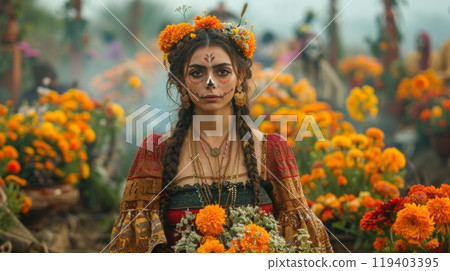 Dia de los Muerto, Mexican holiday. Capture the woman's personal connection to holiday, showcasing her family traditions, cultural heritage, deep emotions associated Dia de los Muerto, 119403395