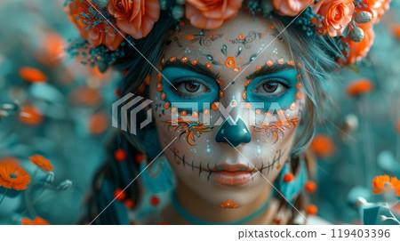 Dia de los Muerto. woman with sugar skull face, roses and blue hair, day of the dead style, digital painting, red orange white cyan blue color palette, full body portrait, detailed background, 119403396