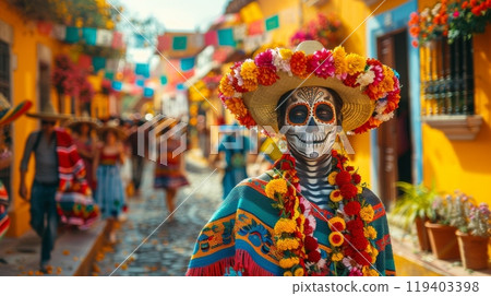 Dia de los Muerto, Mexican holiday. A vibrant street scene during an Dia de los Muerto parade, filled with colorful costumes, lively music, and joyous celebrations. 119403398