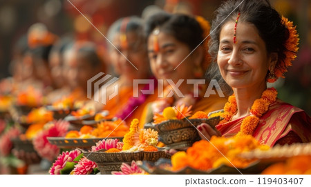 Vesak Festival . Volunteers: Dedicated volunteers work tirelessly to ensure the smooth running of Vesak celebrations, providing logistical support and fostering a welcoming atmosphere. 119403407