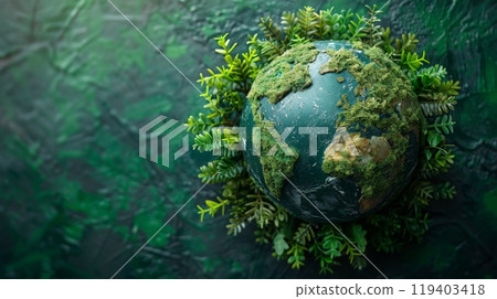 the Earth globe covered with green plants and trees, symbolizing ecological balance and care for the environment the Earth globe covered with green plants and trees, symbolizing ecological balance and care for the environment 119403418