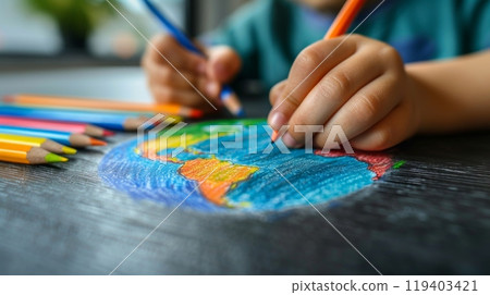 Earth from a Child's Perspective. A child's hand drawing a picture of Earth, with simple lines and bright colors Earth from a Child's Perspective. A child's hand drawing a picture of Earth, with simple lines and bright colors 119403421
