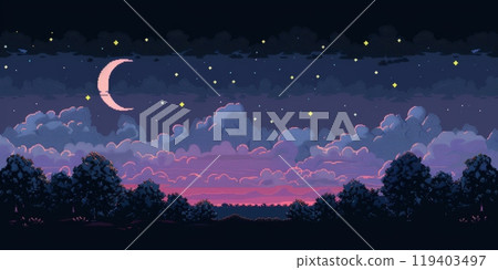 Pixel Art Night Sky with Crescent Moon. Retro Pixeled Nighttime Landscape 119403497