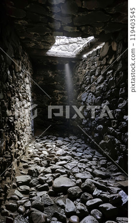 Ancient Stone Cave with Light Beam. Mysterious Rocky Cave Interior with Sunlight 119403545
