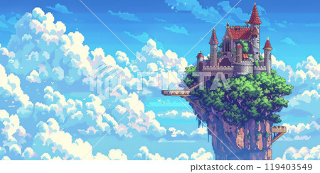 Pixel Art Floating Castle in the Sky. Fantasy Pixeled Kingdom 119403549