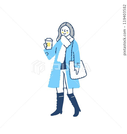 穿著冬衣的女人拿著外帶飲料 119403582