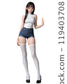 A black-haired model in denim shorts that highlights her beautiful body line A black-haired model in denim shorts that highlights her beautiful body line 119403708