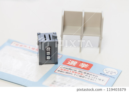 Image of election: ballot box, voting booth, envelope with polling station admission ticket 119403879