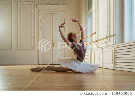 Young ballerina in tutu skirt stretching practicing ballet positions dancing in dance class. Young classical dancer woman in dance studio. Ballet class training Ballet school concept 119403960