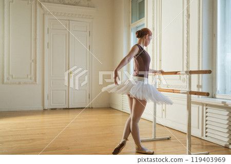 Young ballerina in tutu skirt stretching practicing ballet positions dancing near ballet barre in dance class. Young classical dancer woman in dance studio. Ballet class training Ballet school concept 119403969