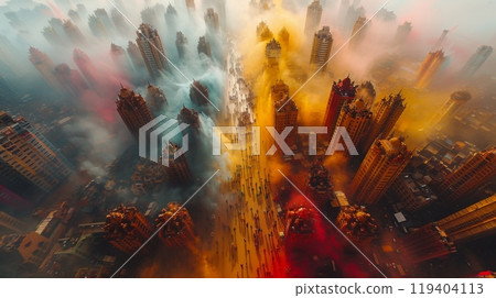 A bird's eye view of a Holi festival, with people dancing and creating a sea of colors. Abstract style, with a focus on shapes and patterns. 119404113