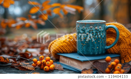 Autumn or fall season. Seasonal composition in the park in dry autumn foliage. A colorful knitted scarf, a cup of hot coffee in a sweater and an old book. Sea buckthorn twig, warm toned 119404133