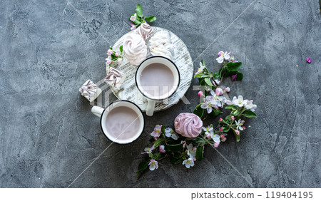 Cups with cocoa and marshmallows 119404195