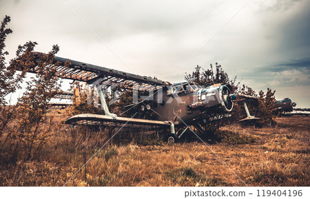 Abandoned airplane on the airfield 119404196