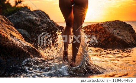 Latin woman in a vibrant orange bikini back view jumping off a rock into 119404490