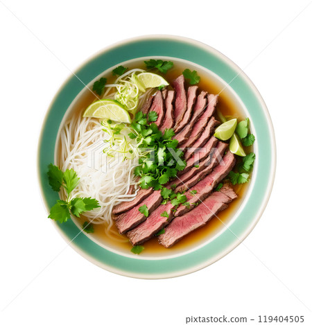 Pho a fragrant Vietnamese beef broth with rice noodles thinly sliced beef and aromatic herbs Pho a fragrant Vietnamese beef broth with rice noodles thinly sliced beef and aromatic herbs 119404505