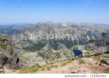 Famous landmark Parabola rock in Ergaki nature park and a huge mountain range Eastern Sayan, Krasnoyarsk region, Siberia 119404562