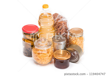 Food Reserves: Canned Food, Spaghetti, Pate, Tuna, Tomato Juice, Pasta, Fish and Grocery - Isolated Food Reserves: Canned Food, Spaghetti, Pate, Tuna, Tomato Juice, Pasta, Fish and Grocery - Isolated 119404747