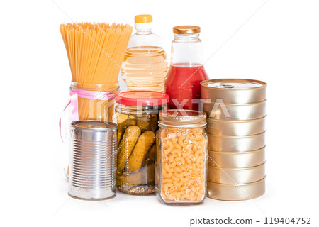 Food Reserves: Canned Food, Spaghetti, Pate, Tuna, Tomato Juice, Pasta, Fish and Grocery - Isolated 119404752