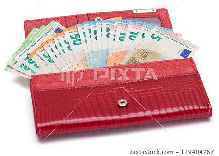 Red Leather Women Purse with Different Euro Banknotes - Isolated on White Red Leather Women Purse with Different Euro Banknotes - Isolated on White 119404767