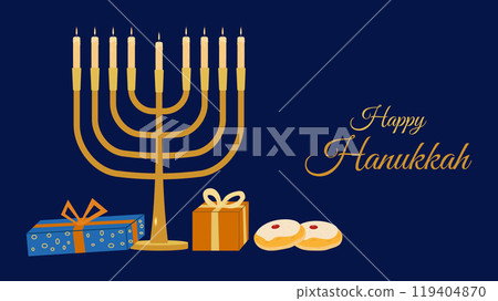 Hanukkah Jewish holiday sign of spiritual rebirth. Gifts and treats. Victory light over darkness. Memory of miracle. Design invitation card postcard poster. Vector illustration. 119404870