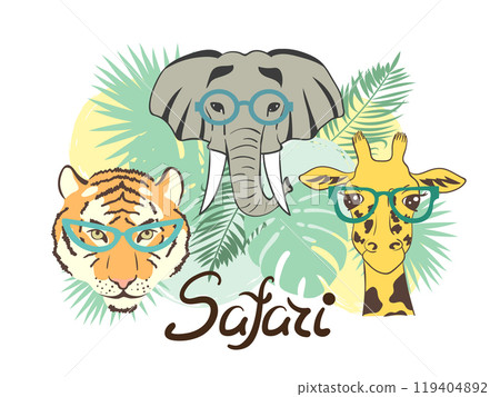 Vector Safari illustration with animals - elephant, tiger, giraffe Vector Safari illustration with animals - elephant, tiger, giraffe 119404892