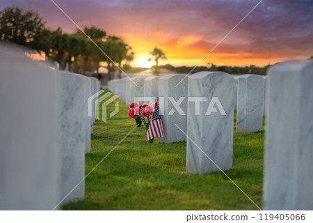 American national military cemetery with rows of white tomb stones with flowers and USA flags on green grass lawn. Memorial Day concept American national military cemetery with rows of white tomb stones with flowers and USA flags on green grass lawn. Memorial Day concept 119405066